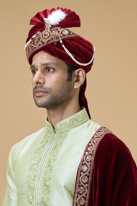 Buy_Arihant Rai Sinha_Maroon Sequins, Embroidery Velvet Border Dupatta And Safa Set_Online_at_Aza_Fashions