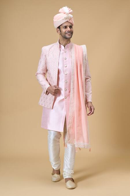 Shop Arihant Rai Sinha Peach Sequins, Embroidery Geometric Border Dupatta And Safa Set at Aza Fashions Shop_Arihant Rai Sinha_Peach Sequins, Embroidery Geometric Border Dupatta And Safa Set_at_Aza_Fashions