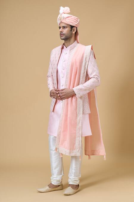 Arihant Rai Sinha Peach Sequins, Embroidery Geometric Border Dupatta And Safa Set Online at Aza Fashions Arihant Rai Sinha_Peach Sequins, Embroidery Geometric Border Dupatta And Safa Set_Online_at_Aza_Fashions