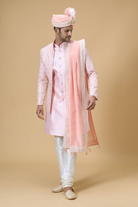 Buy Arihant Rai Sinha Peach Sequins, Embroidery Geometric Border Dupatta And Safa Set Online at Aza Fashions Buy_Arihant Rai Sinha_Peach Sequins, Embroidery Geometric Border Dupatta And Safa Set_Online_at_Aza_Fashions