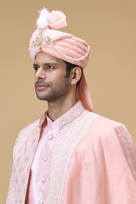 Shop Arihant Rai Sinha Peach Sequins, Embroidery Geometric Border Dupatta And Safa Set Online at Aza Fashions Shop_Arihant Rai Sinha_Peach Sequins, Embroidery Geometric Border Dupatta And Safa Set_Online_at_Aza_Fashions