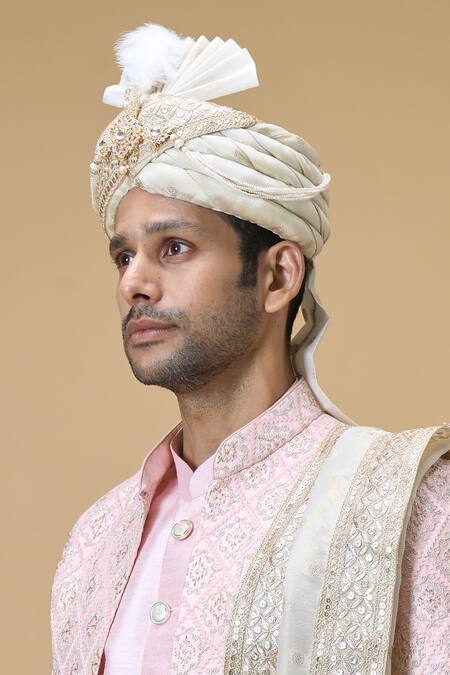 Shop Arihant Rai Sinha Cream Sequins Jacquard Woven Embroidered Dupatta And Safa Set Online at Aza Fashions Shop_Arihant Rai Sinha_Cream Sequins Jacquard Woven Embroidered Dupatta And Safa Set_Online_at_Aza_Fashions