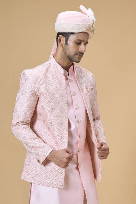 Arihant Rai Sinha_Pink Sequins, Embroidery Border Safa_at_Aza_Fashions