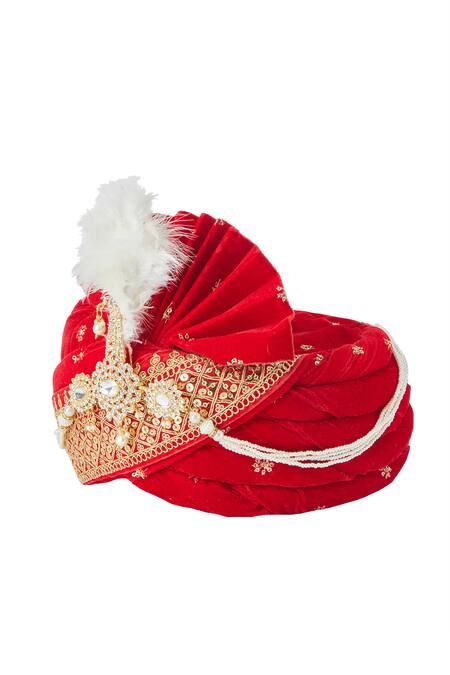 Arihant Rai Sinha_Red Sequins, Embroidery Velvet Safa_Online_at_Aza_Fashions