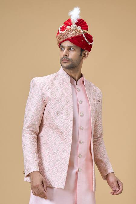 Arihant Rai Sinha_Red Sequins, Embroidery Velvet Safa_at_Aza_Fashions