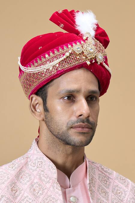 Shop Arihant Rai Sinha Pink Sequins, Embroidery Velvet Safa Online at Aza Fashions Shop_Arihant Rai Sinha_Pink Sequins, Embroidery Velvet Safa_Online_at_Aza_Fashions