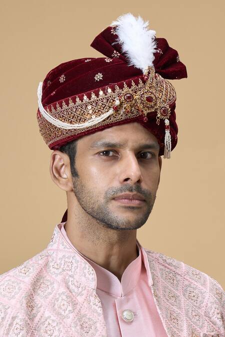 Arihant Rai Sinha_Maroon Sequins, Embroidery Velvet And Thread Safa_at_Aza_Fashions