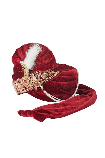 Shop Arihant Rai Sinha Red Sequins, Embroidery Velvet Border Safa at Aza Fashions Shop_Arihant Rai Sinha_Red Sequins, Embroidery Velvet Border Safa_at_Aza_Fashions