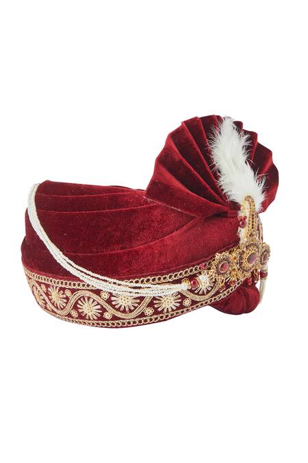 Shop Arihant Rai Sinha Red Sequins, Embroidery Velvet Border Safa Online at Aza Fashions Shop_Arihant Rai Sinha_Red Sequins, Embroidery Velvet Border Safa_Online_at_Aza_Fashions