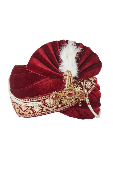 Arihant Rai Sinha Red Sequins, Embroidery Velvet Border Safa at Aza Fashions Arihant Rai Sinha_Red Sequins, Embroidery Velvet Border Safa_at_Aza_Fashions