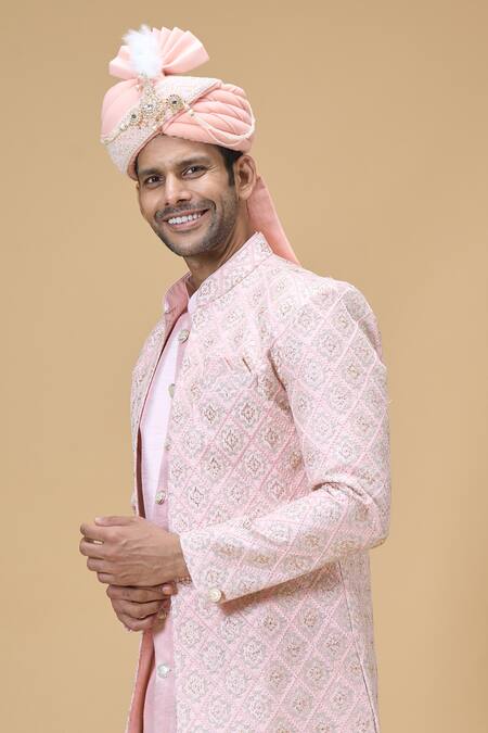 Arihant Rai Sinha Peach Sequins, Embroidery Border Safa Online at Aza Fashions Arihant Rai Sinha_Peach Sequins, Embroidery Border Safa_Online_at_Aza_Fashions