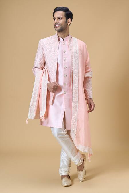 Arihant Rai Sinha_Peach Embroidered Border Dupatta_Online_at_Aza_Fashions