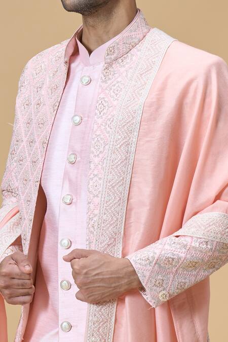 Shop_Arihant Rai Sinha_Peach Embroidered Border Dupatta_Online_at_Aza_Fashions