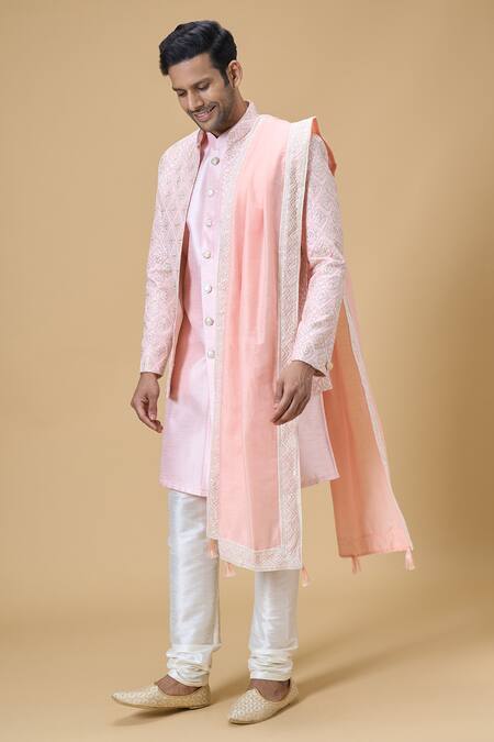 Arihant Rai Sinha_Peach Embroidered Border Dupatta_at_Aza_Fashions