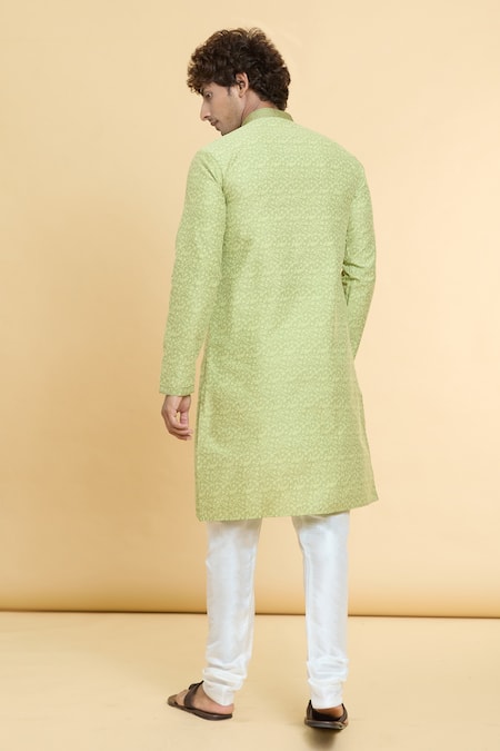 Shop Arihant Rai Sinha Green Jacquard, Silk, Brocade Embroidery Floral Jaal Print Kurta at Aza Fashions Shop_Arihant Rai Sinha_Green Jacquard, Silk, Brocade Embroidery Floral Jaal Print Kurta _at_Aza_Fashions