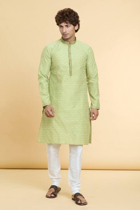 Arihant Rai Sinha Green Jacquard, Silk, Brocade Embroidery Floral Jaal Print Kurta Online at Aza Fashions Arihant Rai Sinha_Green Jacquard, Silk, Brocade Embroidery Floral Jaal Print Kurta _Online_at_Aza_Fashions