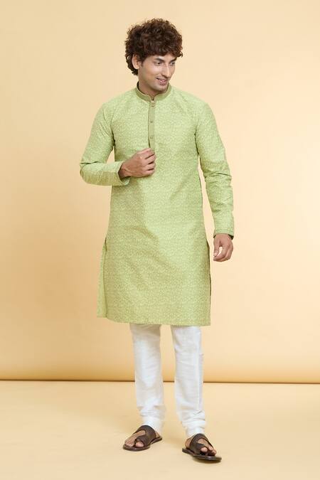 Shop Arihant Rai Sinha Green Jacquard, Silk, Brocade Embroidery Floral Jaal Print Kurta Online at Aza Fashions Shop_Arihant Rai Sinha_Green Jacquard, Silk, Brocade Embroidery Floral Jaal Print Kurta _Online_at_Aza_Fashions