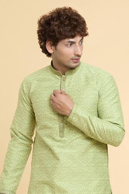 Arihant Rai Sinha Green Jacquard, Silk, Brocade Embroidery Floral Jaal Print Kurta at Aza Fashions Arihant Rai Sinha_Green Jacquard, Silk, Brocade Embroidery Floral Jaal Print Kurta _at_Aza_Fashions