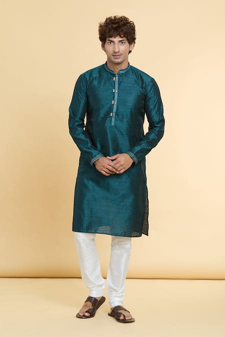 Arihant Rai Sinha Blue Jacquard, Silk, Chanderi Lace, Floral Jaal Pattern Kurta With Churidar 