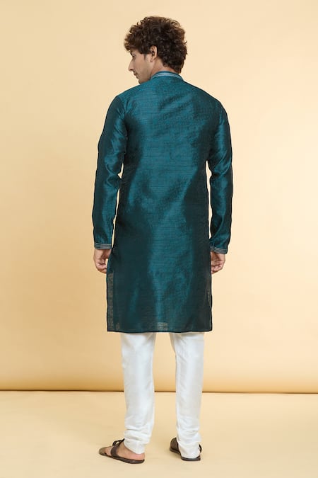 Shop_Arihant Rai Sinha_Blue Jacquard, Silk, Chanderi Lace, Floral Jaal Pattern Kurta With Churidar _at_Aza_Fashions