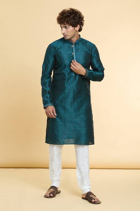 Buy_Arihant Rai Sinha_Blue Jacquard, Silk, Chanderi Lace, Floral Jaal Pattern Kurta With Churidar _Online_at_Aza_Fashions