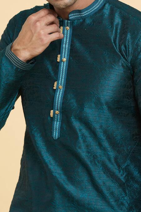 Shop_Arihant Rai Sinha_Blue Jacquard, Silk, Chanderi Lace, Floral Jaal Pattern Kurta With Churidar _Online_at_Aza_Fashions