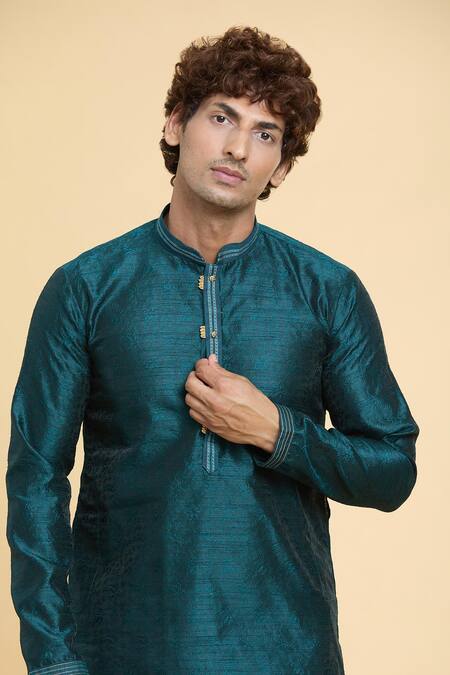 Arihant Rai Sinha_Blue Jacquard, Silk, Chanderi Lace, Floral Jaal Pattern Kurta With Churidar _at_Aza_Fashions