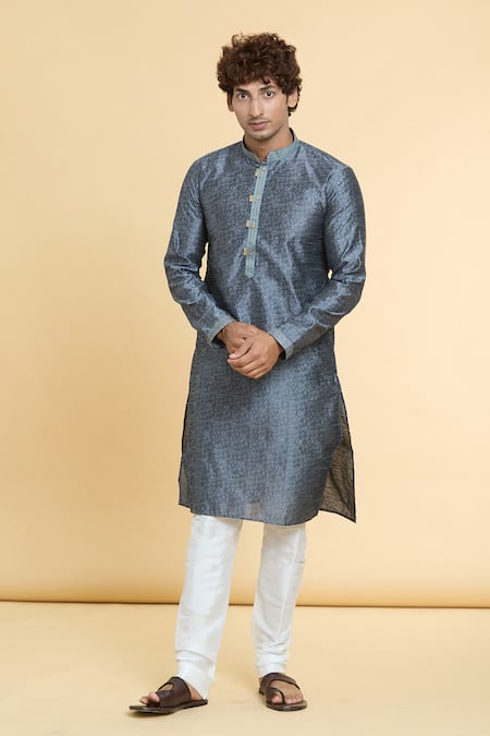 Arihant Rai Sinha Grey Jacquard, Chanderi Embroidery Floral Jaal Woven Kurta With Churidar Online at Aza Fashions Arihant Rai Sinha_Grey Jacquard, Chanderi Embroidery Floral Jaal Woven Kurta With Churidar _Online_at_Aza_Fashions