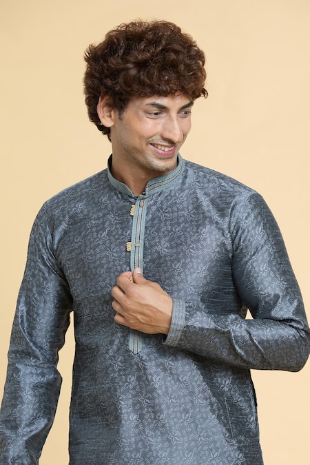 Shop Arihant Rai Sinha Grey Jacquard, Chanderi Embroidery Floral Jaal Woven Kurta With Churidar Online at Aza Fashions Shop_Arihant Rai Sinha_Grey Jacquard, Chanderi Embroidery Floral Jaal Woven Kurta With Churidar _Online_at_Aza_Fashions