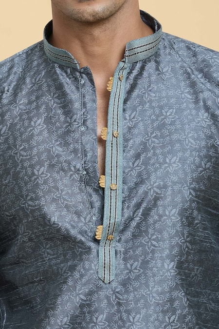 Arihant Rai Sinha Grey Jacquard, Chanderi Embroidery Floral Jaal Woven Kurta With Churidar at Aza Fashions Arihant Rai Sinha_Grey Jacquard, Chanderi Embroidery Floral Jaal Woven Kurta With Churidar _at_Aza_Fashions