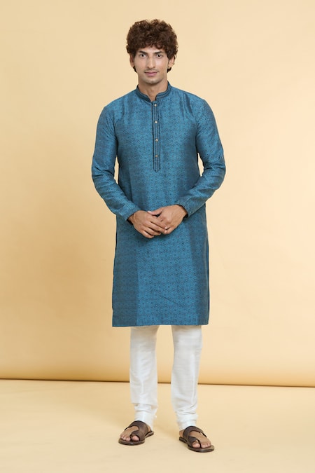 Arihant Rai Sinha_Blue Jacquard, Silk, Chanderi Lace, Floral Star Woven Kurta With Churidar _Online_at_Aza_Fashions