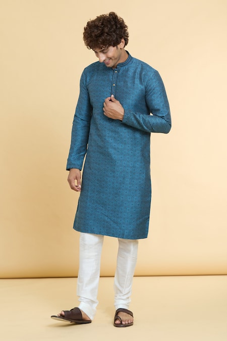 Buy_Arihant Rai Sinha_Blue Jacquard, Silk, Chanderi Lace, Floral Star Woven Kurta With Churidar _Online_at_Aza_Fashions