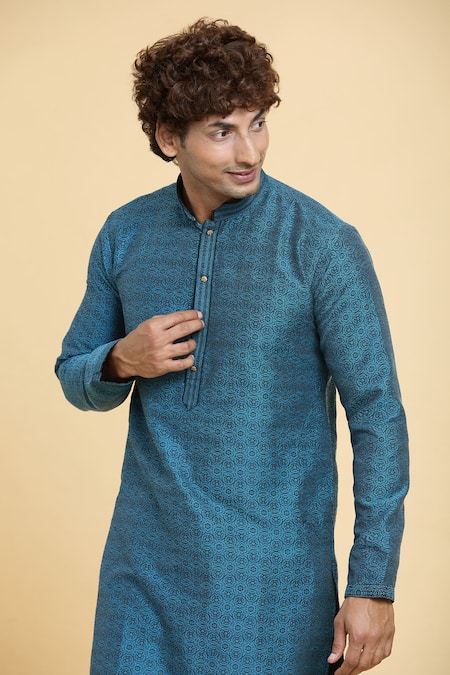 Shop_Arihant Rai Sinha_Blue Jacquard, Silk, Chanderi Lace, Floral Star Woven Kurta With Churidar _Online_at_Aza_Fashions