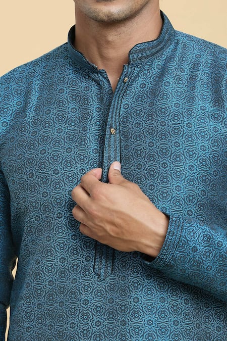Arihant Rai Sinha_Blue Jacquard, Silk, Chanderi Lace, Floral Star Woven Kurta With Churidar _at_Aza_Fashions