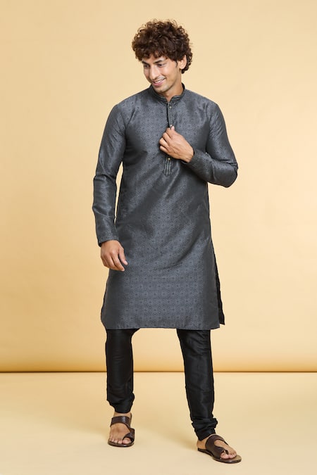 Arihant Rai Sinha_Black Jacquard, Silk, Chanderi Lace, Floral Star Pattern Kurta With Churidar _Online_at_Aza_Fashions