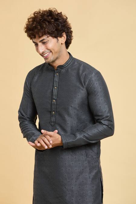 Buy_Arihant Rai Sinha_Black Jacquard, Silk, Chanderi Lace, Floral Star Pattern Kurta With Churidar _Online_at_Aza_Fashions
