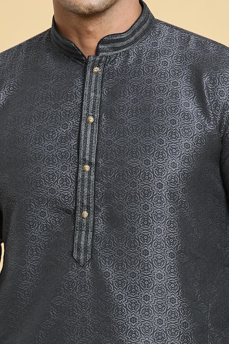 Shop_Arihant Rai Sinha_Black Jacquard, Silk, Chanderi Lace, Floral Star Pattern Kurta With Churidar _Online_at_Aza_Fashions
