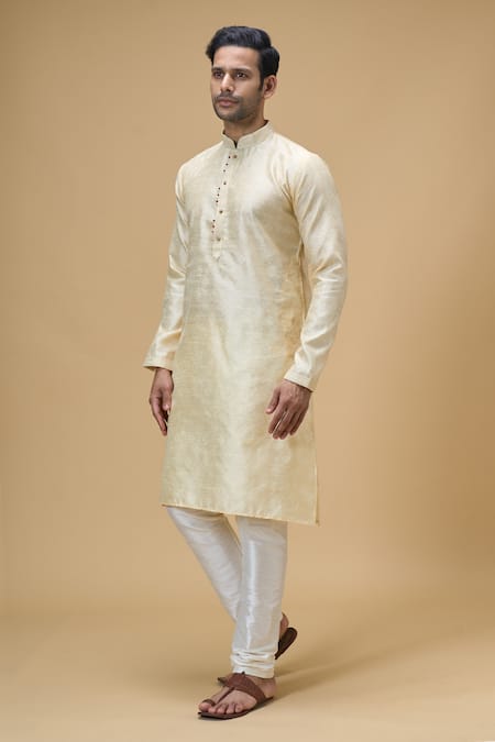 Shop Arihant Rai Sinha Cream Jacquard, Chanderi Silk Lace, Floral Geometric Woven Kurta With Churidar Online at Aza Fashions Shop_Arihant Rai Sinha_Cream Jacquard, Chanderi Silk Lace, Floral Geometric Woven Kurta With Churidar _Online_at_Aza_Fashions