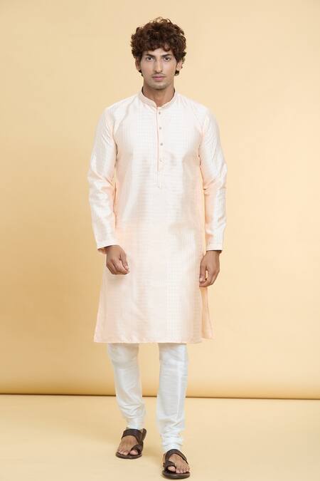Arihant Rai Sinha_Peach Jacquard, Silk, Brocade Sequins Geometric Woven Kurta _Online_at_Aza_Fashions