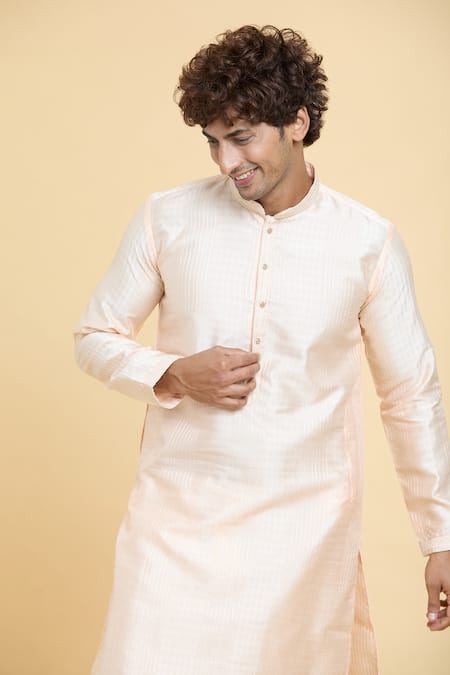 Buy_Arihant Rai Sinha_Peach Jacquard, Silk, Brocade Sequins Geometric Woven Kurta _Online_at_Aza_Fashions