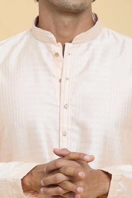 Shop_Arihant Rai Sinha_Peach Jacquard, Silk, Brocade Sequins Geometric Woven Kurta _Online_at_Aza_Fashions
