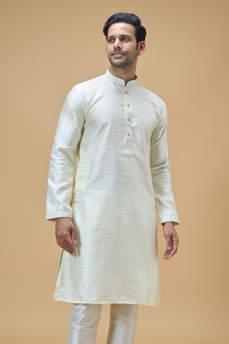 Shop Arihant Rai Sinha Yellow Jacquard, Silk, Brocade Sequins Geometric Stripe Woven Kurta Online at Aza Fashions Shop_Arihant Rai Sinha_Yellow Jacquard, Silk, Brocade Sequins Geometric Stripe Woven Kurta _Online_at_Aza_Fashions