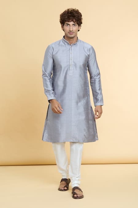 Arihant Rai Sinha_Grey Jacquard, Chanderi, Silk Sequins Geometric Woven Kurta With Churidar _Online_at_Aza_Fashions