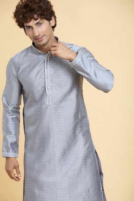 Buy_Arihant Rai Sinha_Grey Jacquard, Chanderi, Silk Sequins Geometric Woven Kurta With Churidar _Online_at_Aza_Fashions