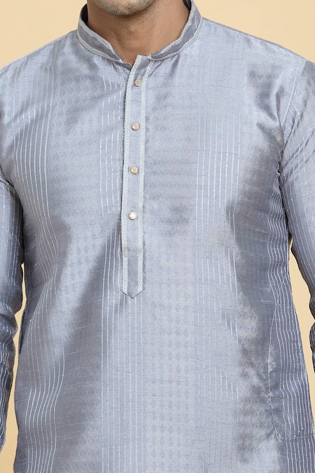Shop_Arihant Rai Sinha_Grey Jacquard, Chanderi, Silk Sequins Geometric Woven Kurta With Churidar _Online_at_Aza_Fashions