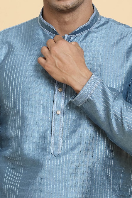 Arihant Rai Sinha_Grey Jacquard, Chanderi, Silk Sequins Tonal Geometric Woven Kurta With Churidar _Online_at_Aza_Fashions