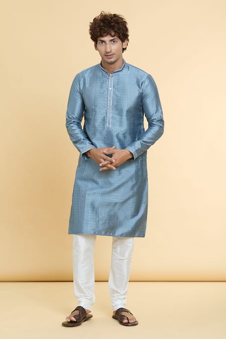 Shop_Arihant Rai Sinha_Grey Jacquard, Chanderi, Silk Sequins Tonal Geometric Woven Kurta With Churidar _Online_at_Aza_Fashions