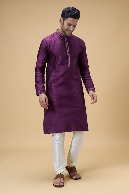 Arihant Rai Sinha Magenta Jacquard, Chanderi Sequins Geometric Woven Kurta With Churidar Online at Aza Fashions Arihant Rai Sinha_Magenta Jacquard, Chanderi Sequins Geometric Woven Kurta With Churidar _Online_at_Aza_Fashions