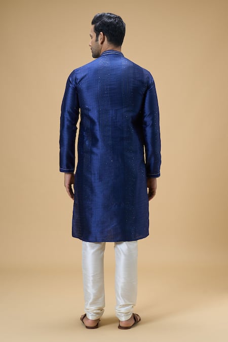 Shop Arihant Rai Sinha Blue Jacquard, Chanderi Sequins Woven Stripe Kurta With Churidar at Aza Fashions Shop_Arihant Rai Sinha_Blue Jacquard, Chanderi Sequins Woven Stripe Kurta With Churidar _at_Aza_Fashions