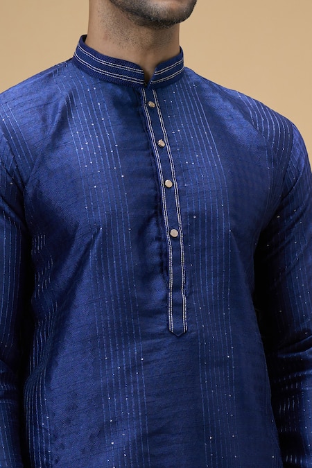 Arihant Rai Sinha Blue Jacquard, Chanderi Sequins Woven Stripe Kurta With Churidar Online at Aza Fashions Arihant Rai Sinha_Blue Jacquard, Chanderi Sequins Woven Stripe Kurta With Churidar _Online_at_Aza_Fashions
